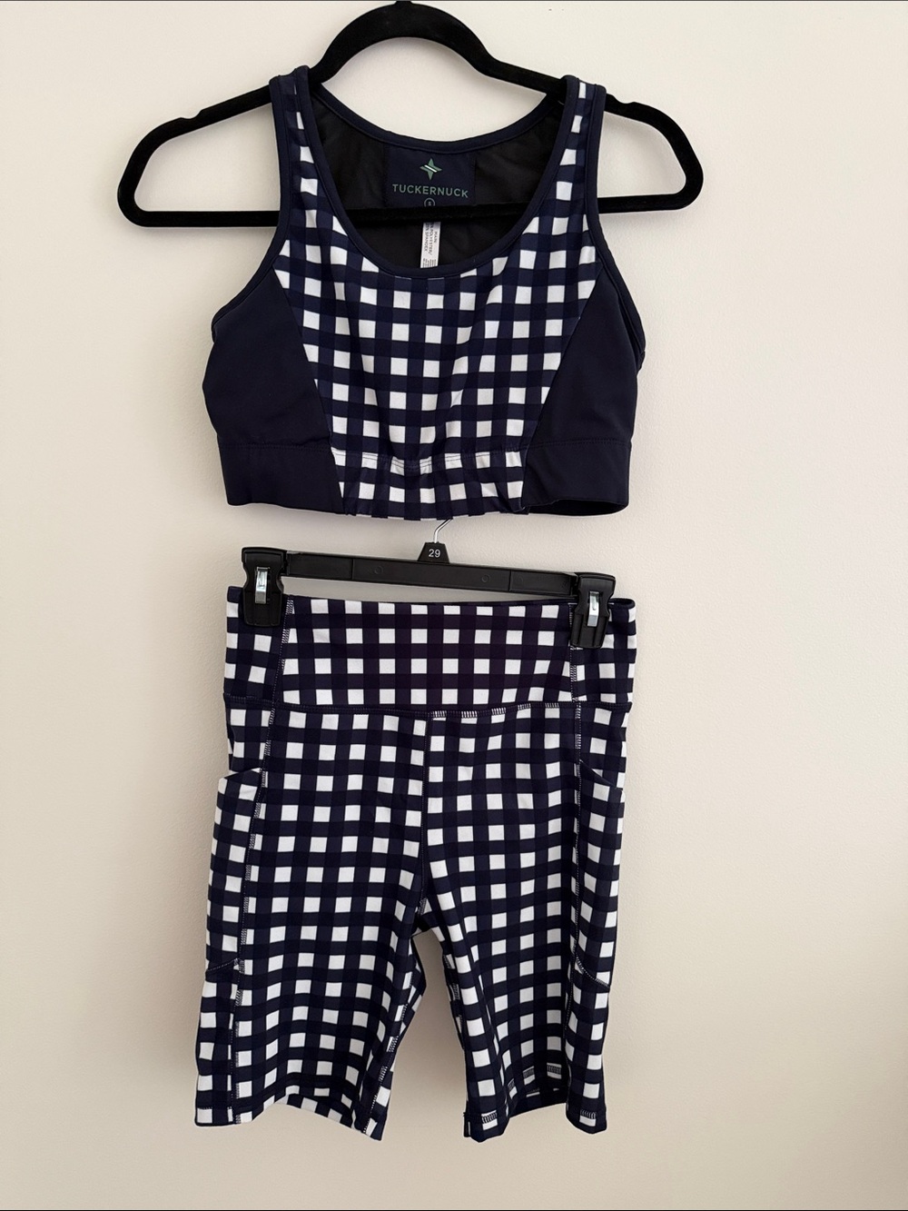 Tuckernuck Navy & White Gingham Active Shorts and Sports Bra Set